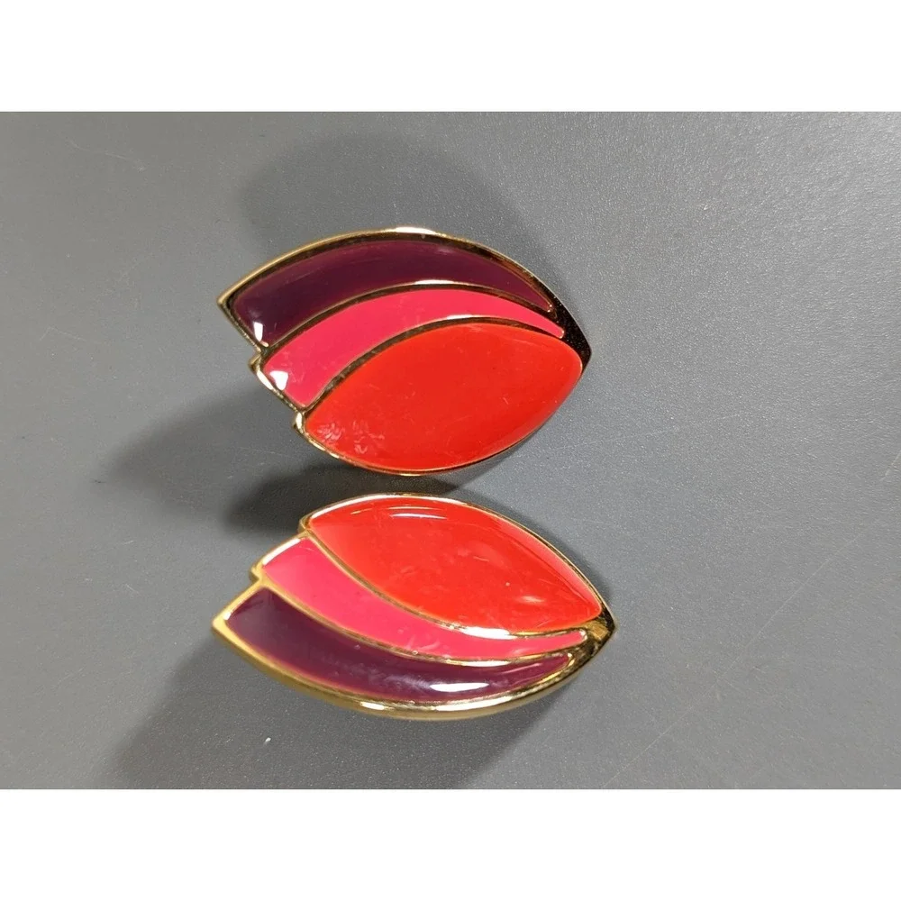 Bold Ombre Leaf Drop Earrings Pink Red Purple Enamel Retro‎ Statement